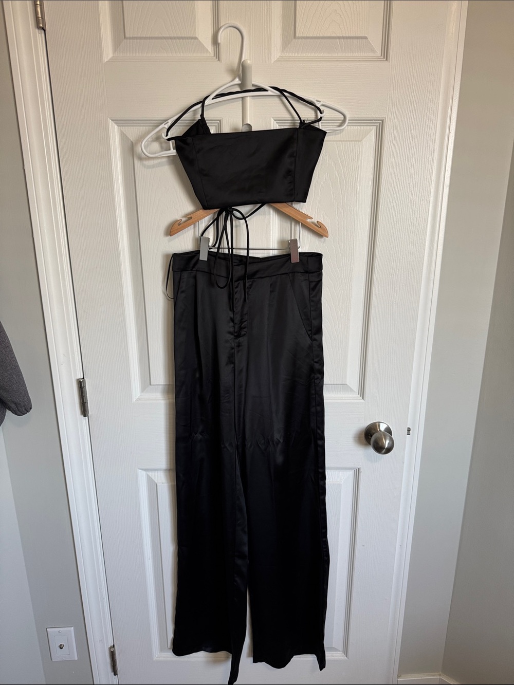 Fashion Nova Black Satin Wide-Leg Trousers and top